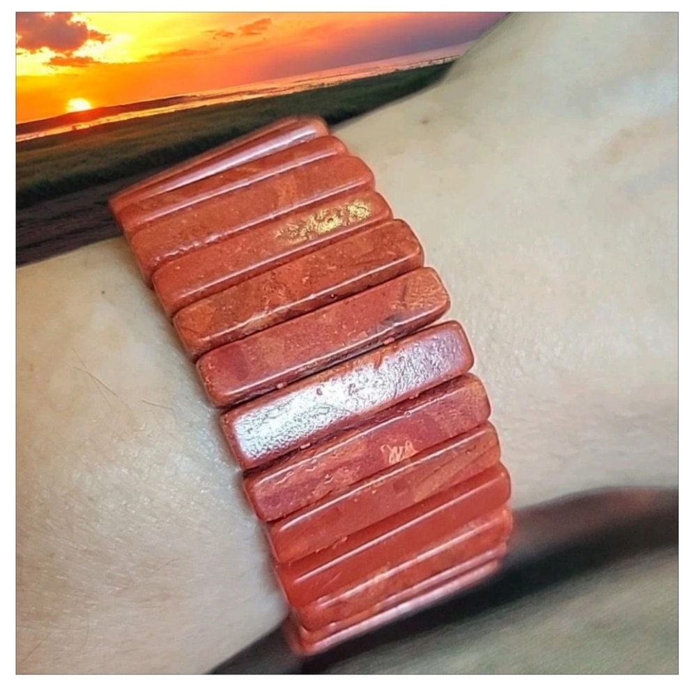 Red Coral Matte Polished Finish Chunky Stretch Bracelet Statement